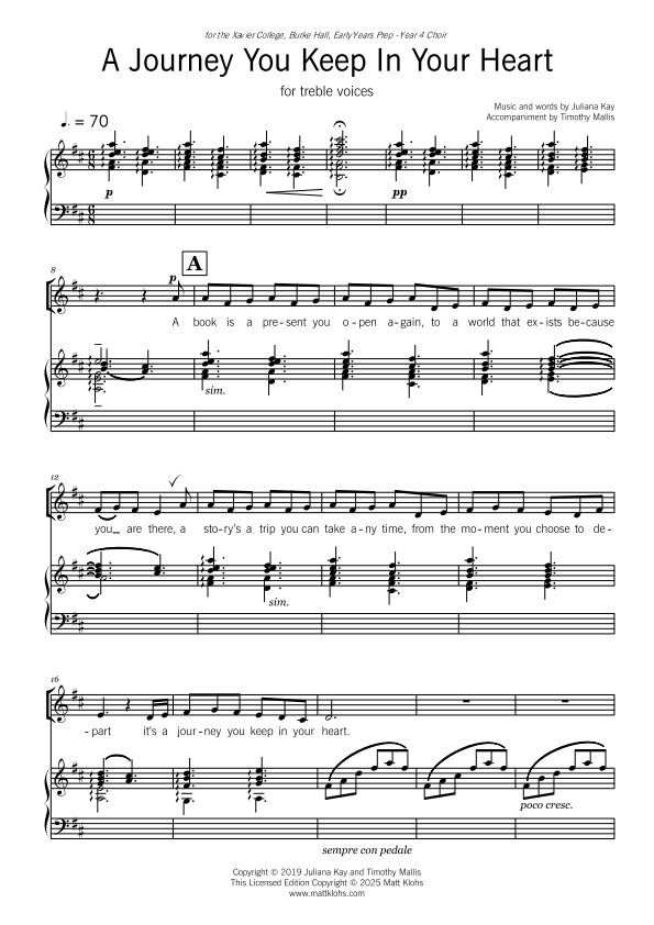A Journey You Keep In Your Heart - Small (up to 20 Voices) Treble Choir & Piano - Juliana Kay