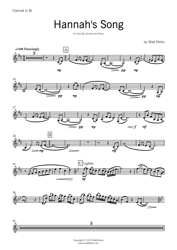Solo Bb Clarinet with Piano Accompaniment - Hannah's Song