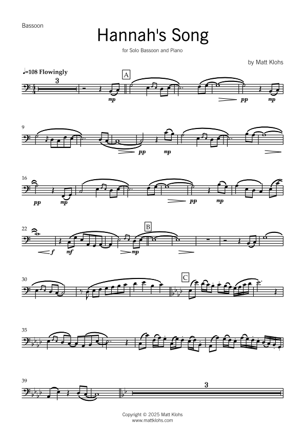 Solo Bassoon with Piano Accompaniment - Hannah's Song