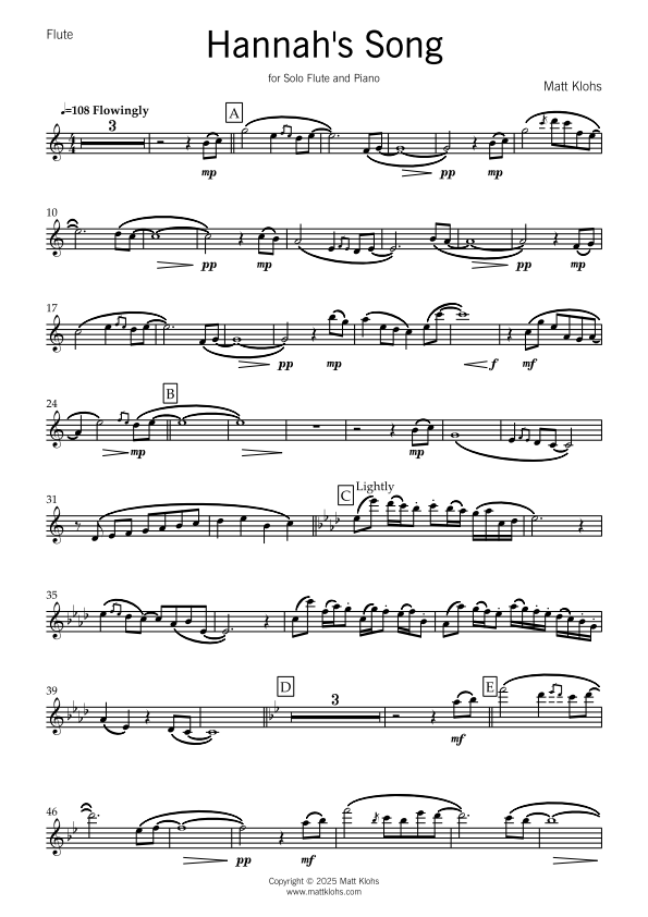 Solo Flute with Piano Accompaniment - Hannah's Song