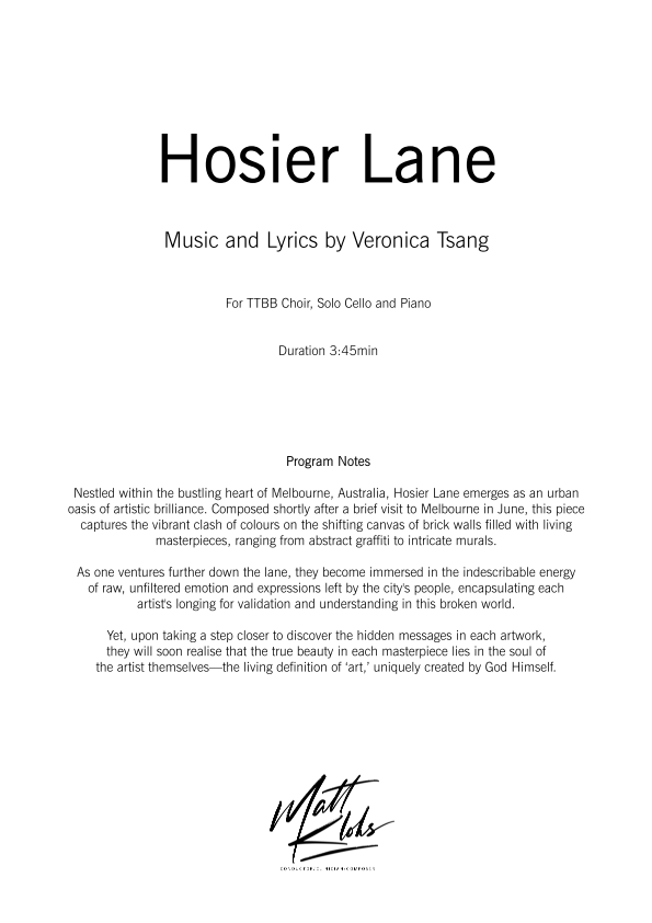 Hosier Lane - Large (50-75 Voices) TTBB Choir, Solo Cello & Piano - Veronica Tsang