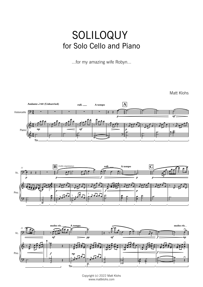 Solo Cello with Piano Accompaniment - Soliloquy