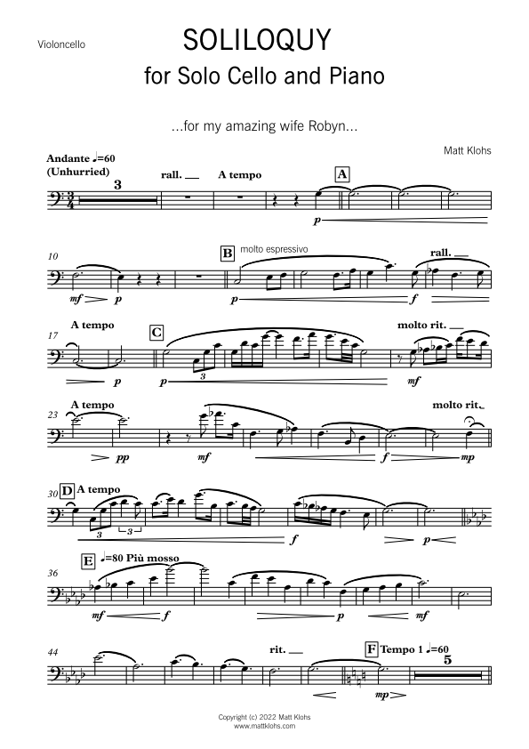 Solo Cello with Piano Accompaniment - Soliloquy