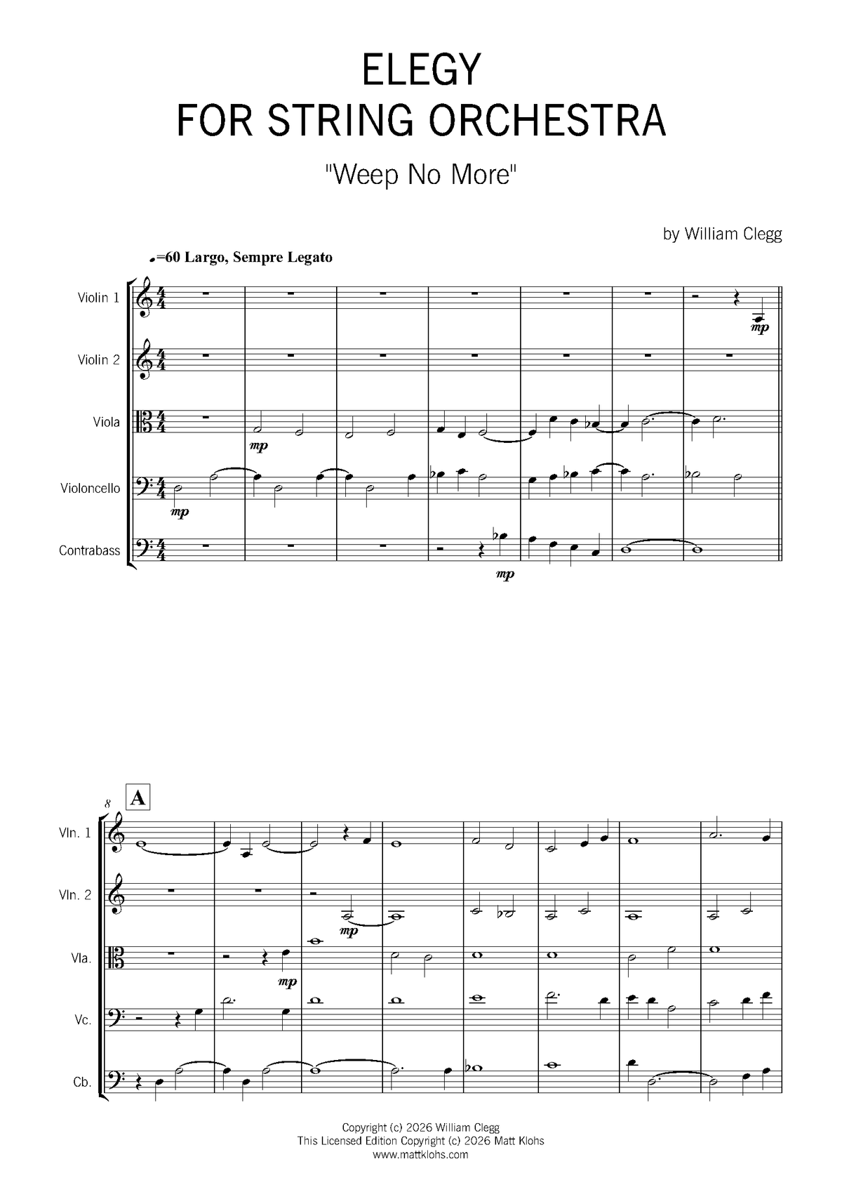 String Orchestra - Advanced - Elegy For String Orchestra "Weep No More"