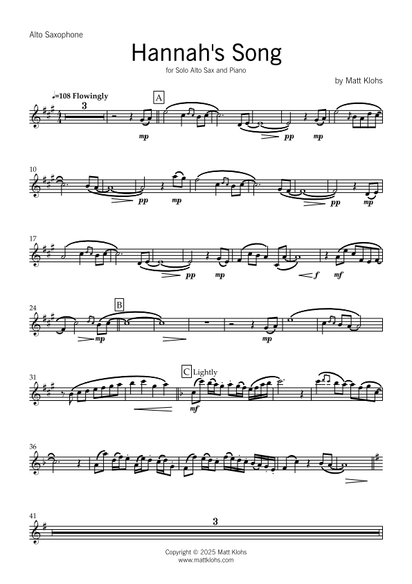Solo Alto Sax with Piano Accompaniment - Hannah's Song