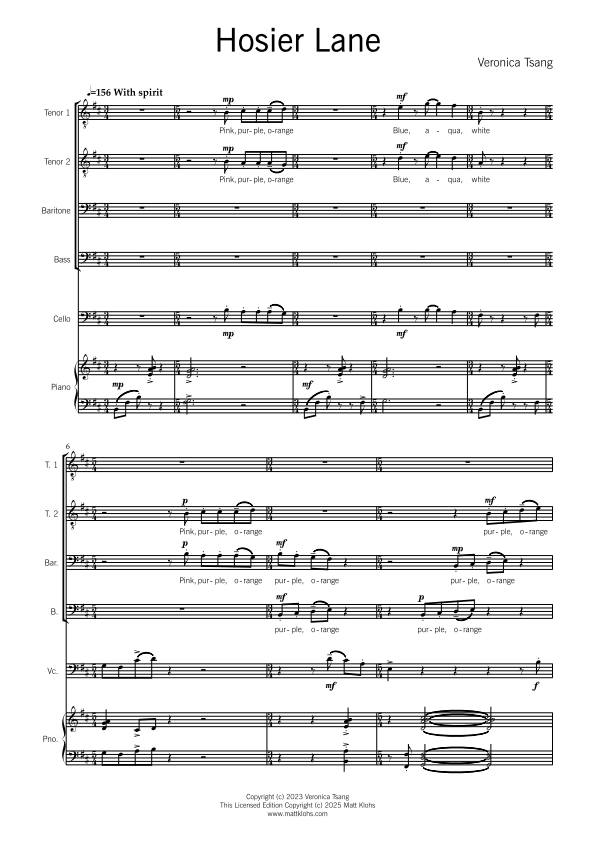 Hosier Lane - Medium (20-50 Voices) TTBB Choir, Solo Cello & Piano - Veronica Tsang