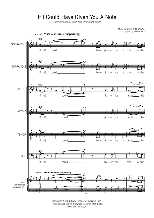 If I Could Have Given You A Note - Large (50 to 75 Voices) SSAATB Choir - Sally Greenaway