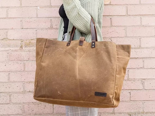 Leather Handled Waxed Canvas Tote Bag